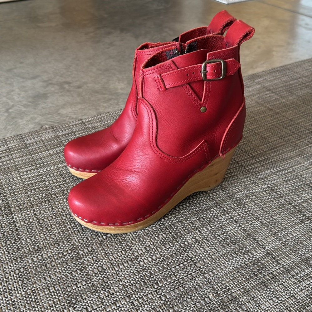 No.6 Clogs Red Leather Ankle Boots Wedge Size 37 EUC